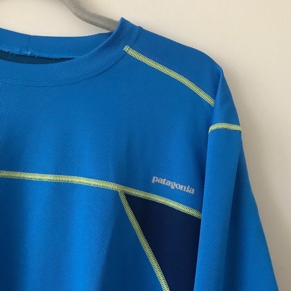 Patagonia Blue Neon Yellow Men’s Active Wear Wicking Outdoor Long Sleeve Shirt - Picture 4 of 10